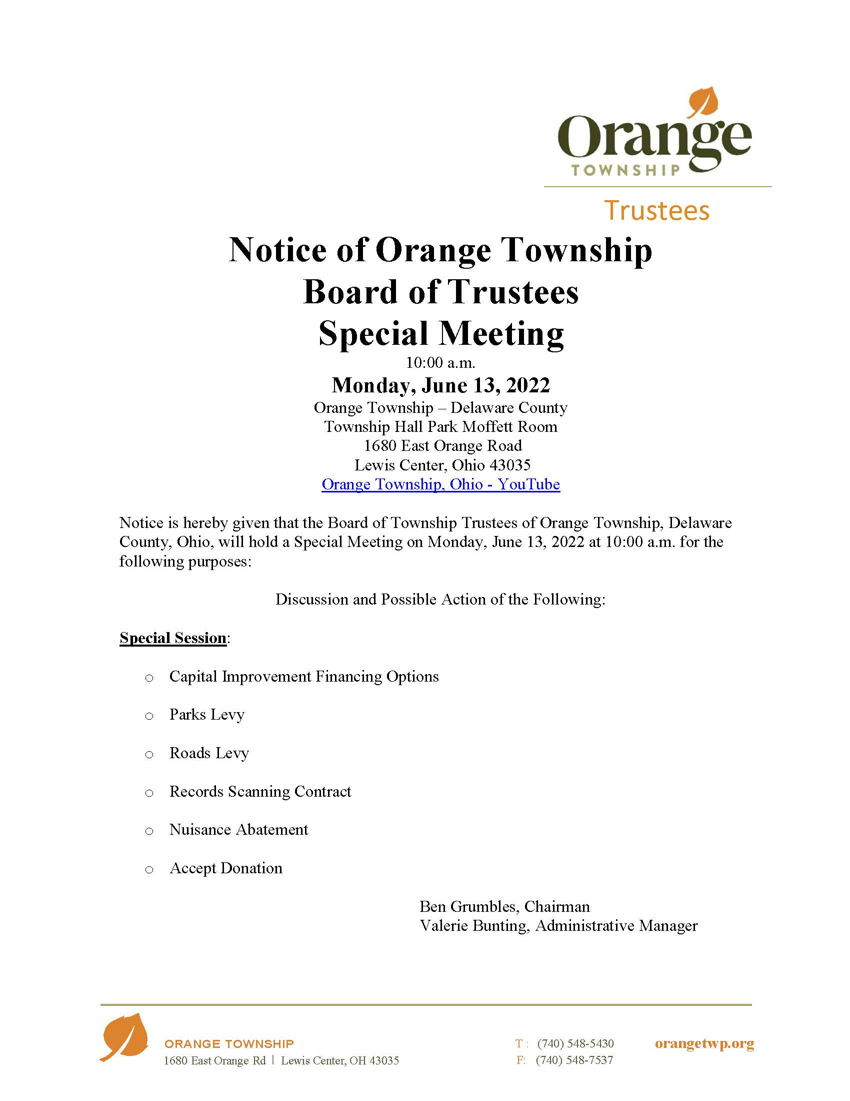 20220613 Trustee Special Meeting Orange Township Oh Official Website 2579